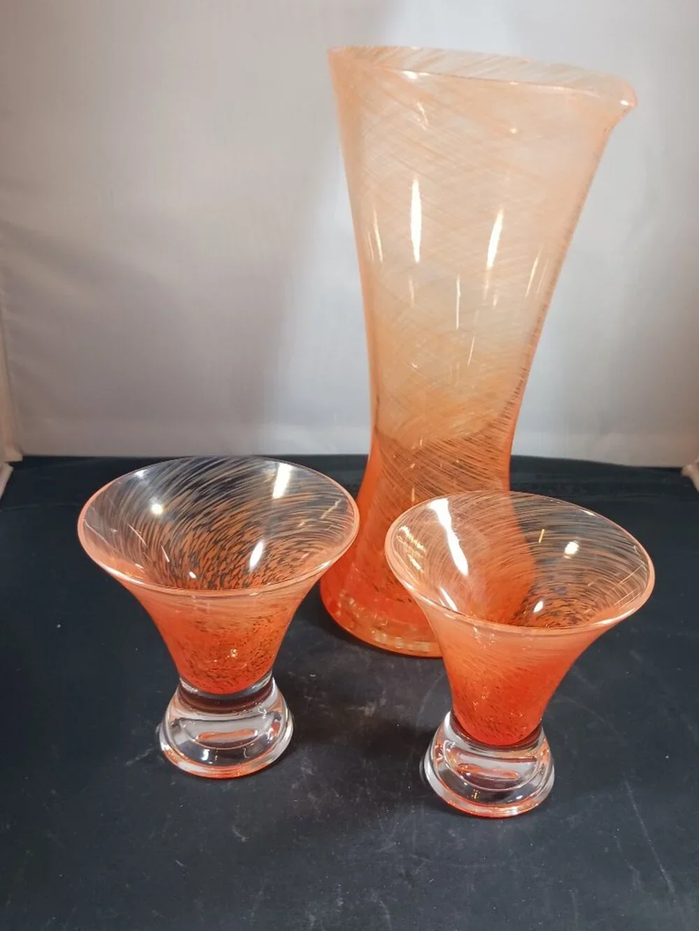 Dansk Orange Swirl MCM Style Pitcher/ Decanter & 2 Martini Cocktail Glasses